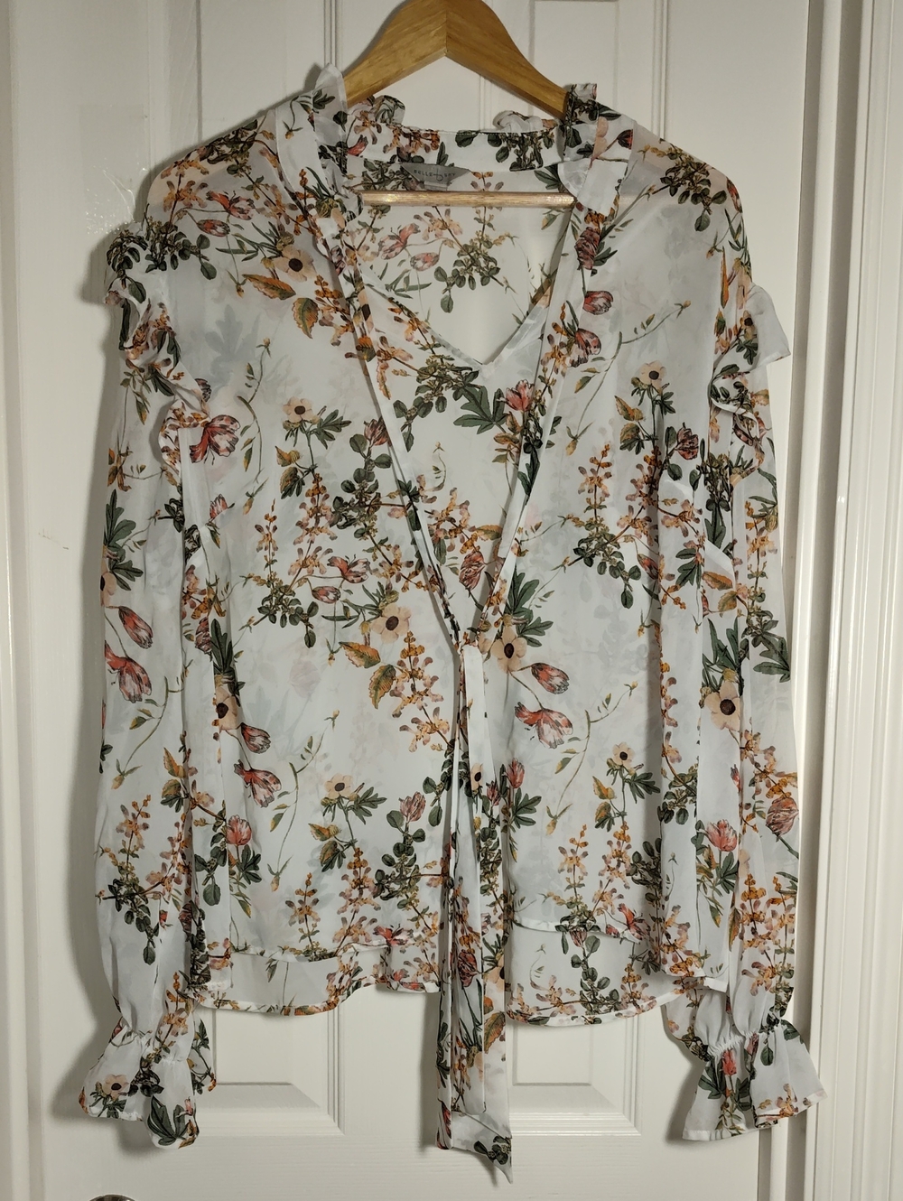 Sheer Floral V-Neck Tie Blouse Floral Bishop Ruffled Cuff Sleeve